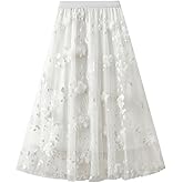 SUNYUESTAR Womens Floral Midi Skirt High Waisted A Line Cute Layered Fairy Mesh Tulle Pleated Skirt