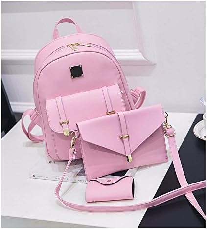 Set 3 Pcs Solid Pink PU Leather Backpack Shoulder Bag Holder Card Casual Adult Backpacks