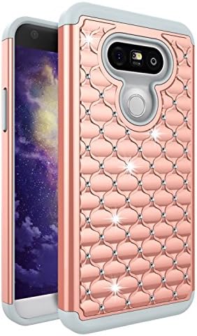 LG G5 Case,Jaweke Soft Silicone Hard Plastic Heavy Duty Shock Proof Studded Rhinestone Crystal Bling Diamond Hybrid Dual-Layer Armor Defender Protection Case Cover For LG G5 (Rose Gold/Grey)