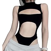 SINROYEE Sexy Hollow Out Women Bodysuit Summer Streetwear Outfit Gothic Jumpsuit T Shirt Short Sleeve Sleeveless (Size:Large)