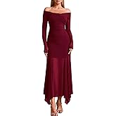 EYNMIN Women's Off The Shoulder Maxi Dress Long Sleeve Ruched Bodycon Asymmetrical Mesh Formal Fall Wedding Guest Dresses