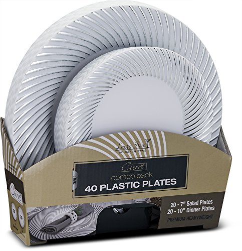 Laura Stein Designer Tableware Set of 40 Party Plates White And Silver Rim Curve Series Includes 20 -7.5'' Salad Plates & 20- 10.75'' Dinner Plates Heavy Duty Plastic Disposable Dishes Combo