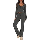 FWBBG Womens 2 Piece Lounge Sets Long Sleeve Crop Tops V Neck Flare Pants Set Fall Y2k Casual Outfits