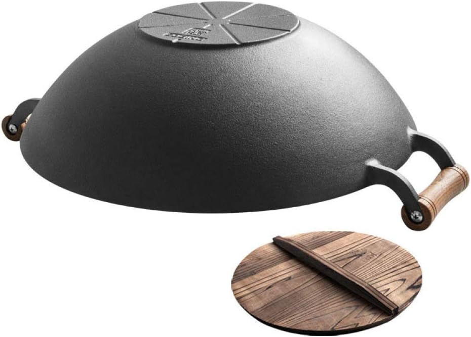 GWYX Cast Iron Wok Pan 40cm Old Wok Round Bottom with 2 Handles and Wooden Wok Lid,uncoated Thickened Home,Flat