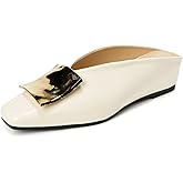 Lymphvity Women's Square Metal Buckle Mules Closed Square Toe Backless Slip On Ballet Flats Hidden Internal Height Increase Date Office Work Walking Dress Shoes