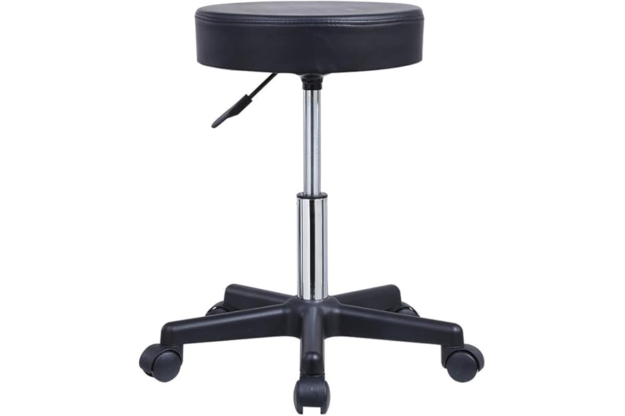 KKTONER Round Rolling Stool PU Leather Height Adjustable Swivel Drafting Work SPA Salon Stools Chair with Wheels Black