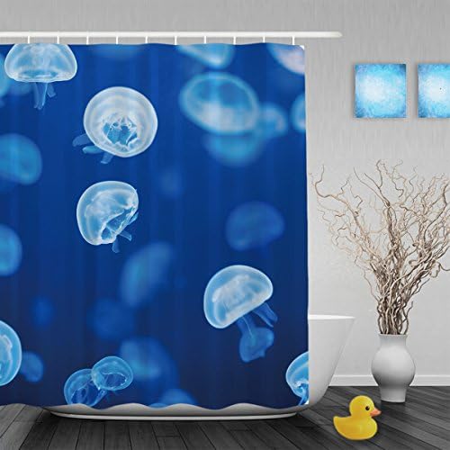 Little Sea Animals Jellyfishes Decor Bathroom Shower Curtain Blue Light Aquarium Shower Curtains Waterproof Mildewproof Polyester Fabric Blue 60"x72"Inch