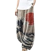 MARSVOVO Women's Palazzo Pants Dressy Casual Elastic Waist Hippie Pants Japanese Art Loose House Outdoor Pants Plus Size