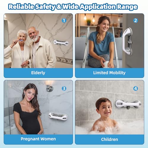 Mikogo Grab Bars for Bathtubs and Showers, 2 Pack No-Drill Suction Shower Handles with 3 Suction Cups, Removable Bathroom Safety Balance Bars for Seniors, Smooth Tile & Glass, Gray