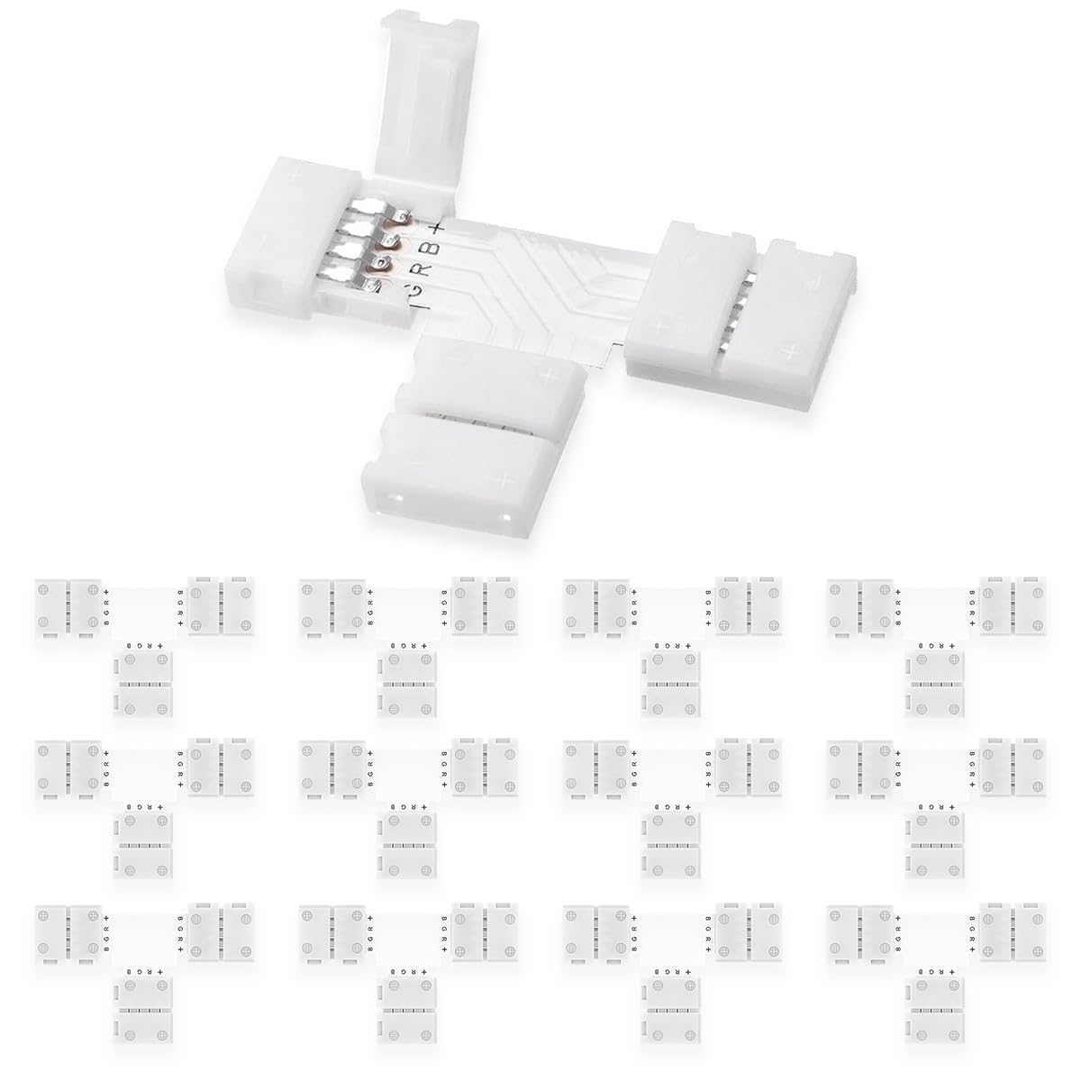 UBRAVE LED Light Connector,12 Pcs 10mm 4 Pin RGB LED T Shape Connector, RGB Splitter Right Angle Corner Connector, 10mm Gapless Adapter for RGB SMD 5050 RGB Multicolor LED Strip Lights 12V-24V