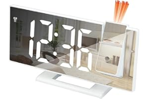 Petilleur Projection Alarm Clock, LED Mirror Display Digital Clock with Temperature, 3-Level Brightness, 5 MIN Snooze, 12/24H, Bedroom Alarm Clock for Heavy Sleep (White)