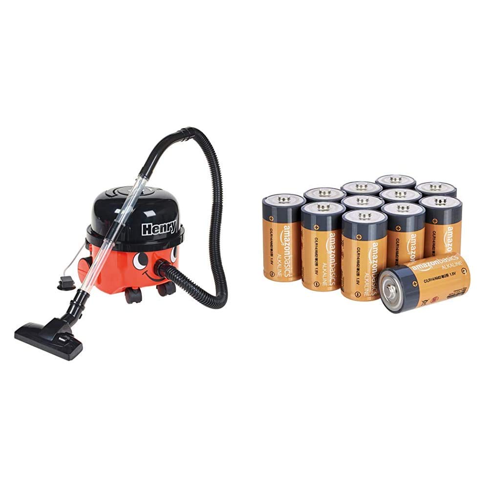 Casdon 728 Henry Vacuum Cleaner Toy, Red & Amazon Basics C Cell 1.5 Volt Everyday Alkaline Batteries - Pack of 12 (Appearance may vary)