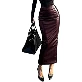 utcoco Womens Sexy Back Slit Long Leather Skirt Stretch High Waist Bodycon Pencil Leather Skirts