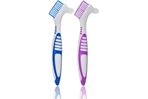 AWESOME INDUSTRIES Denture Brush Hard ( 2 Pack ) Double Sided Multi-Layered Bristles Ergonomic Rubber Anti-Slip Handle Denture Toothbrush Retainers Denture Cleaning Care Brush False Teeth Cleaning Brush Asst Colors (2)