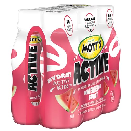 MOTT’S ACTIVE WATERMELON BURST HYDRATING JUICE BEVERAGE, 8 FL OZ BOTTLES, 24 COUNT (4 PACKS OF 6), MADE WITH NATURALLY SOURCED ELECTROLYTES & COCONUT WATER, GLUTEN & CAFFEINE-FREE, KOSHER