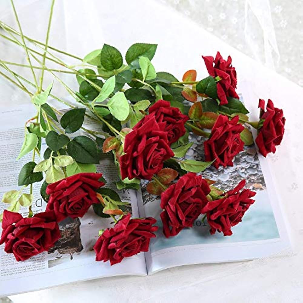 Artificial Flowers Roses Velvet Fake Long Stem Red For ...