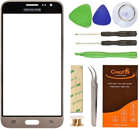 Samsung Galaxy J3 J320F Gold Replacement Screen Lens Glass Repair Kit CrazyFire Front Outer Screen Glass Replacement with Adhesive Tape Tools Kit 1 Pair Tweezers 1 Roll Micro Wire Screen Separator