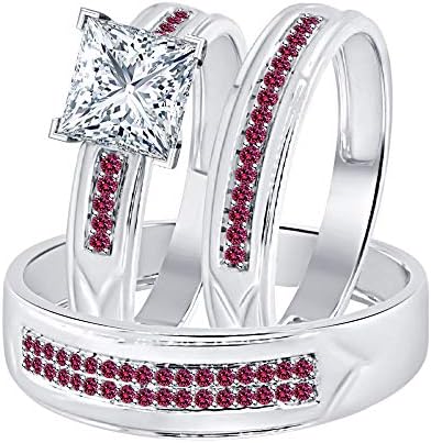Dabangjewels Princess Cut White CZ Diamond & Pink Ruby 14k White Gold Over 925 Sterling Silver Wedding Trio Ring Set for Him & Her