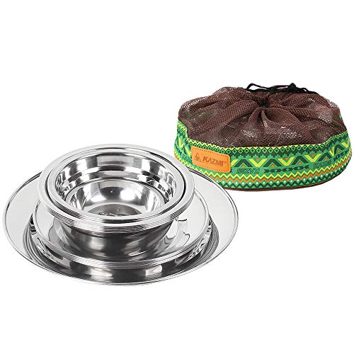 Kazmi Stainless Steel Tableware 17 Piece Set | Stainless Steel Bowl and Plate Set with Travel Bag | Dinnerware for Camping, Hiking, Backpacking, Travel, Outdoor Picnic