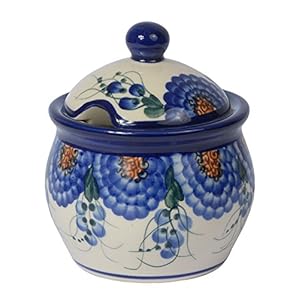 Traditional Polish Pottery, Handcrafted Ceramic Lidded Sugar Bowl with a Spoon Slot (400ml / 14 fl oz), Boleslawiec Style Pattern, C.101 (Arts collection)