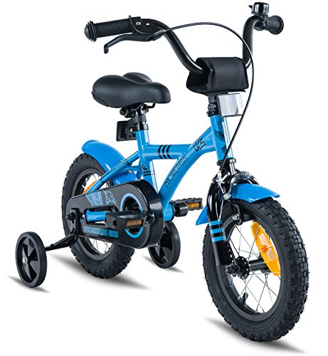 PROMETHEUS Kids bike 12 inch Boys and Girls in Blue & Black with stabilisers | Aluminum Calliper brake and backpedal brake | including security package | as from 3 years | 12â€œ BMX Edition 2018