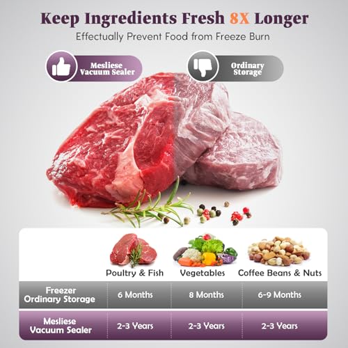 Mesliese Vacuum Sealer Machine, 95kPa 140W Double Seal Powerful Food Sealer, One Hand Operation Food Storage with Build-in Cutter & Roll Storage (Gray)