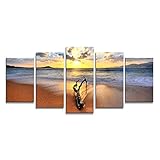 Wieco Art 5 Piece Seascape Pictures Paintings on Canvas Prints Wall Art Decor for Living Room Bedroom Home Decorations Modern Stretched and Framed Ocean Sea Beach Photo Giclee Canvas Print Artwork