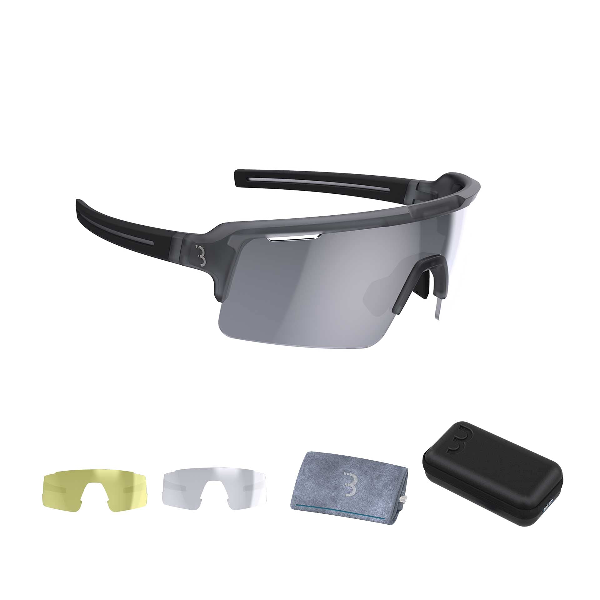 BBB Cycling Fuse Cycling Glasses for Men and Women | Comes With 3 Interchangeable Lenses: Smoke, Yellow and Clear | Road Cycling and MTB Glasses | Transparent Grey | BSG-65