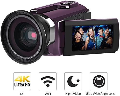 Digital Camera Camcorders, LAKASARA 4K Ultra HD Video Camera Wifi and IR Night Vision Camcorder with External Wide Angle Lens and Macro Lens, Purple