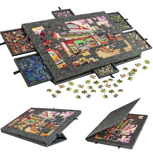 LUPATDY Tilting Puzzle Table, Puzzle Tray for Puzzles up to 1000 Pieces, Portable Puzzle Tray with 6 Felt Drawers with Stand and Lid 2-in-1 (Black)
