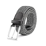 JasGood Men's Elastic Woven Stretch Casual Rubber String Belt Waistband Silver Metal Buckle, Black, 45.3 Inch