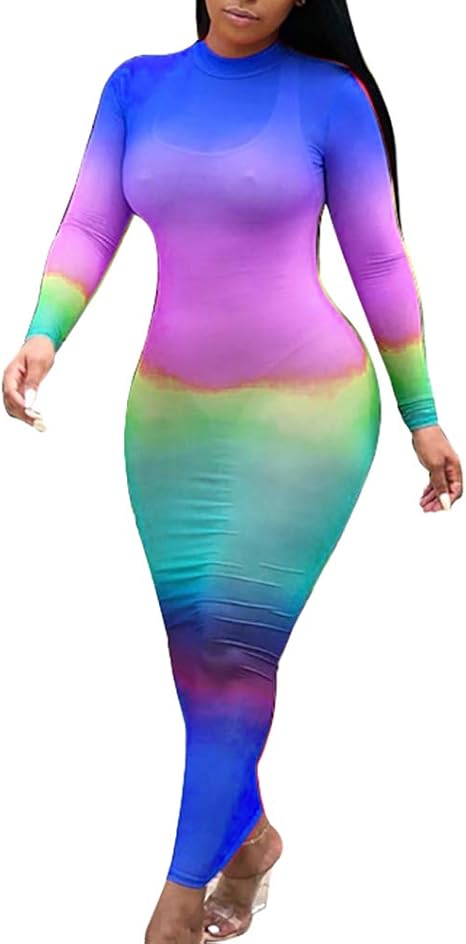 Party Night Sexy Maxi Dress Rainbow See Through Long Beach Cover Ups Dress Blue at Amazon Women 