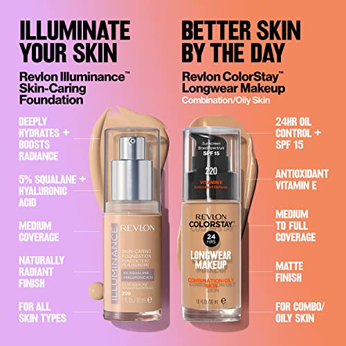 REVLON ILLUMINANCE SKIN-CARING LIQUID FOUNDATION, HYALURONIC ACID, HYDRATING AND NOURISHING FORMULA WITH MEDIUM COVERAGE, 213 LIGHT NATURAL, 1 FL OZ