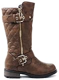Kids Girls Mango21 Brown Dual Buckle/Zipper Quilted Mid Calf Motorcycle Boots-3