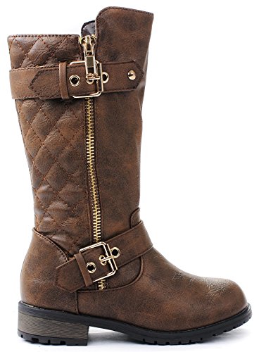 Kids Girls Mango21 Brown Dual Buckle/Zipper Quilted Mid Calf Motorcycle Boots-3