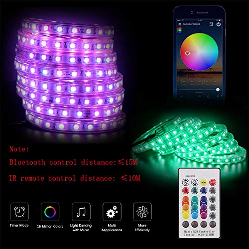XUNATA LED Strip Lights, Bluetooth Control RGB 110-120V SMD 5050 60 LEDs/m Waterproof Rope Light Strip with 24Key IR Remote, Work with iOS & Android Music Time Control System(50ft/15m)