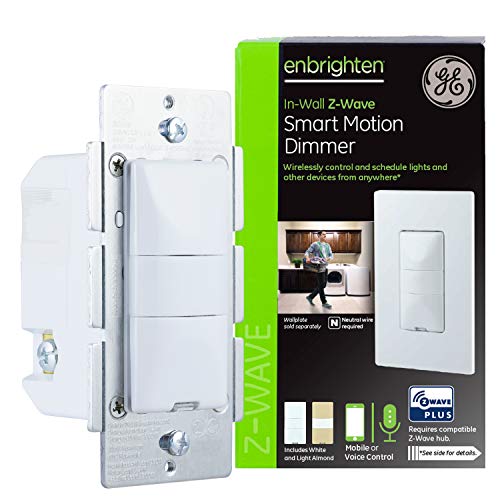 GE Enbrighten Z-Wave Plus Smart Motion Light Dimmer, Works with Alexa, Google Assistant, 3-Way Compatible, ZWave Hub Required, Repeater/Range Extender, White & Light Almond, 26933