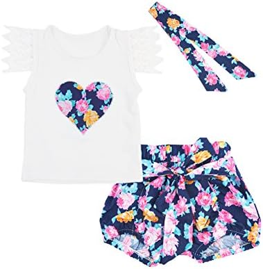 Fedpop Newborn Baby Girls Outfit Floral Lace Vest Top and Short Set With Headband