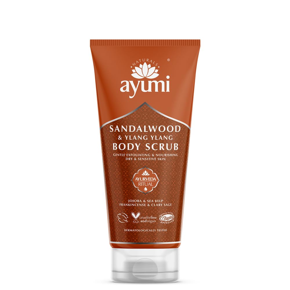 Ayumi Sandalwood Exfoliating Body Scrub to Calm Irritation|Sensitive Skin Scrub with Jojoba Oil |Aromatic Scrub with Ylang Ylang Essential Oil | Body Scrub for Women & Mens Skincare Rituals | 1x200 ml