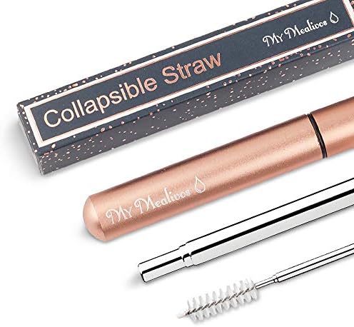 Reusable Collapsible Drinking Straws - Telescopic Portable Stainless Steel Metal Straw with Case & Cleaning Brush (Rose gold)