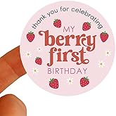 120 X Thank You for Celebrating My Berry First Birthday Stickers, First Birthday Party Favor Stickers, Strawberry Theme Labels for Girl First Birthday Party Favors, 1.6inch