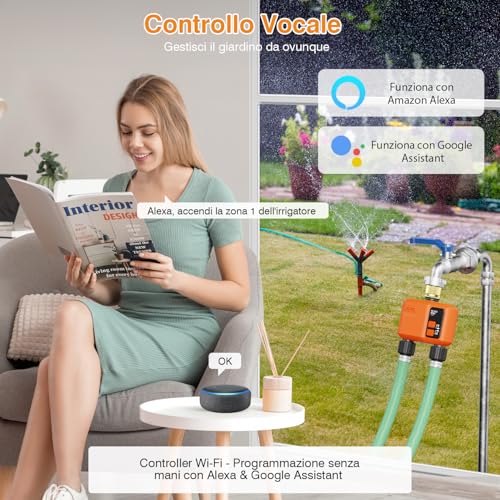 WiFi Irrigation Control Unit with 2 Outlets with 300 m RF, Brass Input, Smart Watering Timer Compatible with APP and Alexa Voice, Rain Delay, Watering Timer for Garden