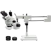 Professional Trinocular Stereo Zoom Microscope, 3.5X-90X Magnification with WF10X Eyepieces, 0.7X-4.5X Zoom Objective and 0.5X & 2.0X Auxiliary Lens, Double-Arm Boom Stand, 56S LED Ring Light