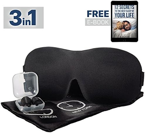 3D Light Blocking Sleep Eye Mask with Adjustable Strap, for Women &amp; Men - 2-in-1 Alegante Black Mask for Travel, Shift Work and Meditation &amp; 1 pair of HIGH FIDELITY EARPLUGS + Carry Bag