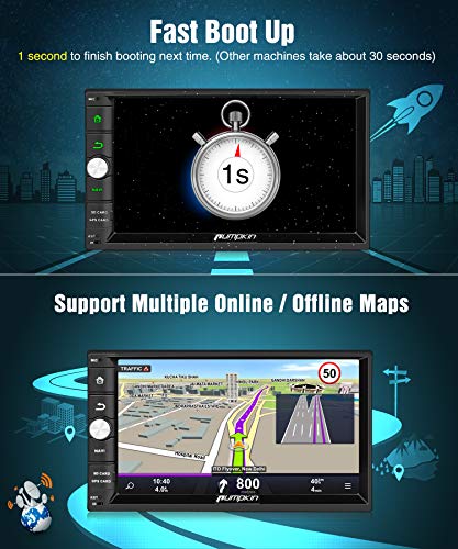 PUMPKIN Android 8.0 Car Stereo Double Din 4GB with GPS, WiFi, Android Auto, Support Fastboot, Backup Camera, AUX, 7 inch Touch Screen
