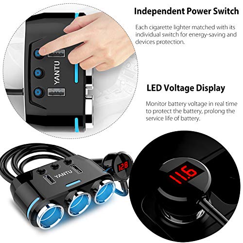 Sunjoyco 3-Socket Cigarette Lighter Adapter, 100W 12V/24V Power DC Outlet Splitter with 3.1A Dual USB Car Charger and On/Off Switch + Voltage Display for iPhone iPad Samsung GPS Dashcam - Thumbnail 3