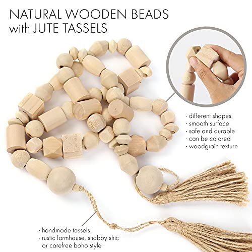 LotFancy Natural Wooden Bead Garland with Tassel, 60in / 5ft, Modern Farmhouse Boho Bead String for Décor, Various Shapes Design, for Home Wall Shelf Coffee Table