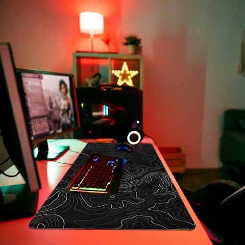Niviy Mouse Mat XXL 900 x 400 mm Ergonomic Desk Mat for Office/Home, Non-Slip Rubber Base, Stitched Edges, Black Topographic Contour