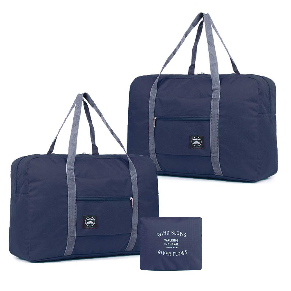2 Pack Foldable Travel Duffel Bag, Lightweight Carry On Luggage Bag for Women and Men, Waterproof Multipurpose Sport Duffle for Sports, Gym, Vacation (Dark Blue)