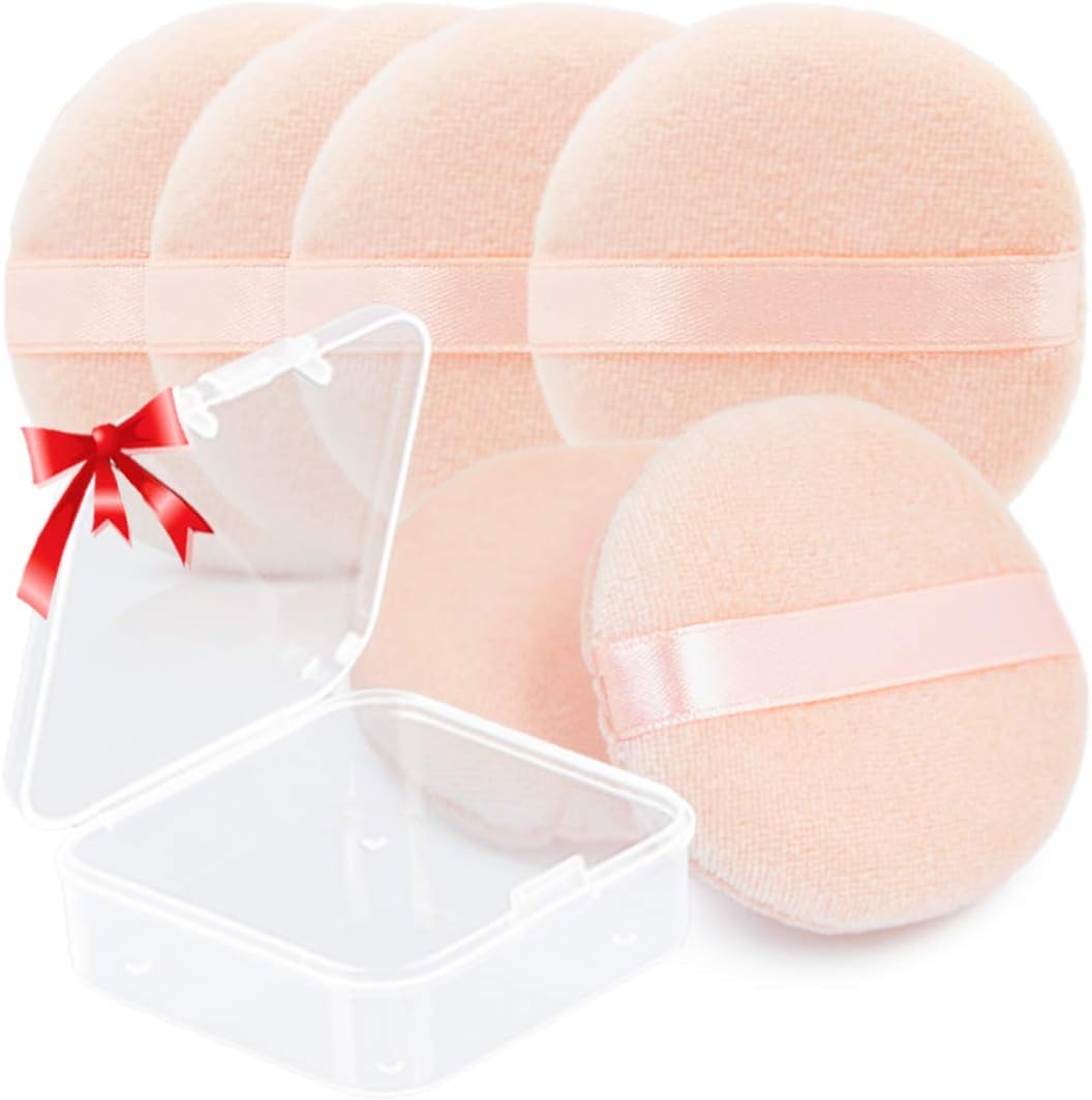 Kalevel 6pcs Powder Puff Small Makeup Sponge Cotton Velour Powder Puff 2.4in Cosmetic Powder Pads for Face with Bonus Container (A Set)